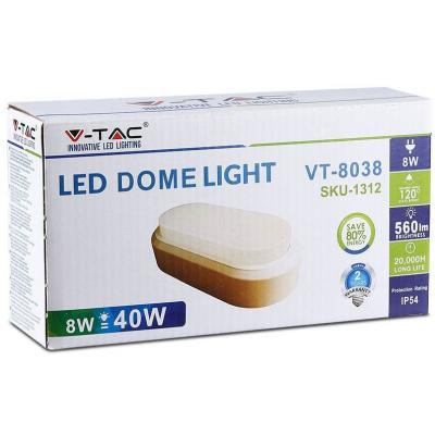 Светильник V-TAC 8W, SKU-1312, Rectangle Oval Dome, 230V, 4000К, ІР54, білий (3800157620307)