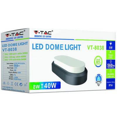 Светильник V-TAC LED 8W, SKU-1308, Rectangle Oval Dome, 230V, 3000К, ІР54 (3800157620260)